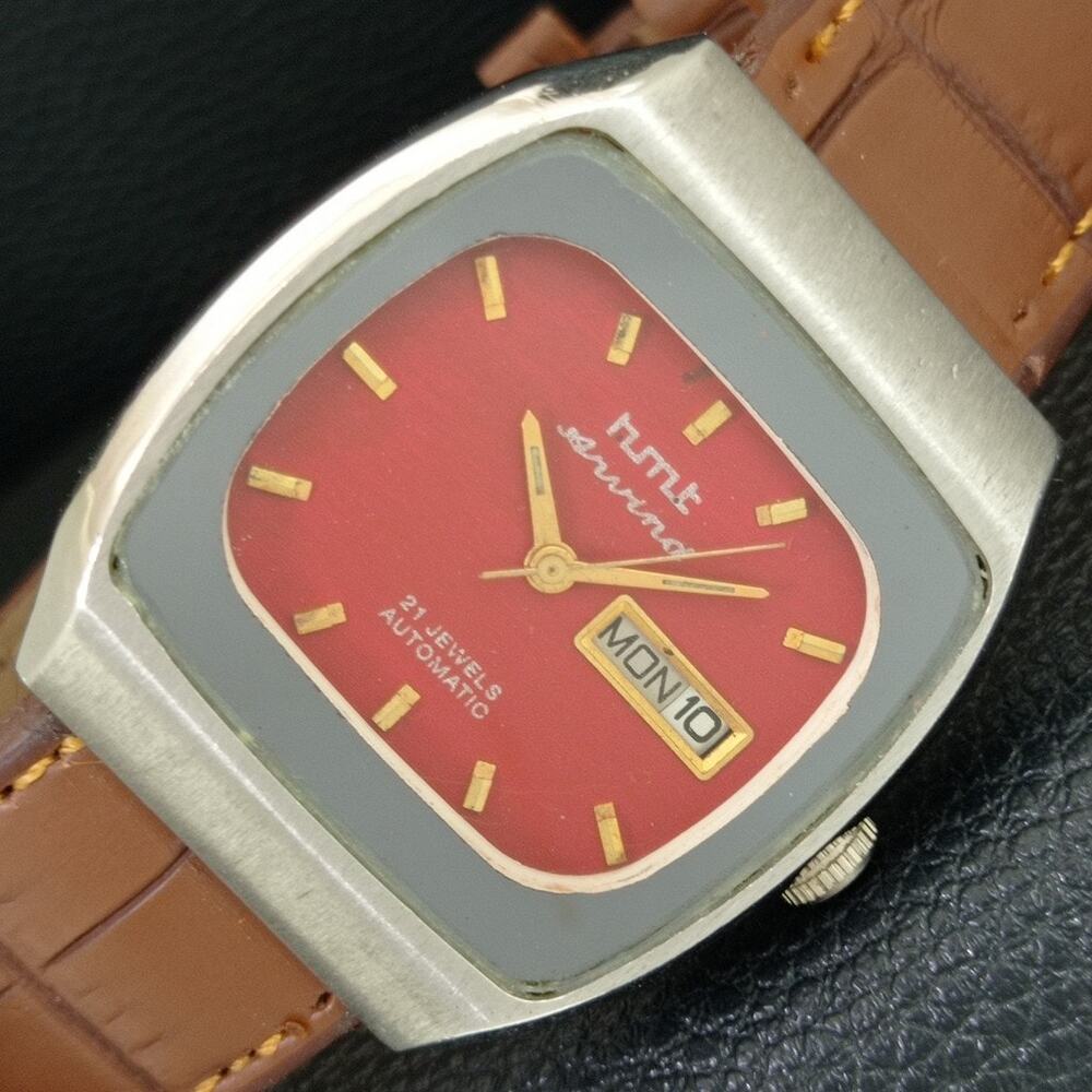 Vintage 1970 HMT Automatic Mens Silver Watch W/Daydate & Red accents